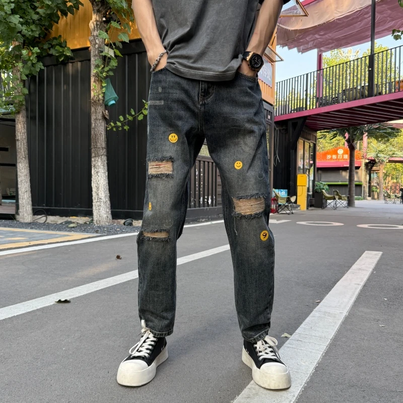 破洞裤宽松印花男士设计休闲裤2025秋冬百男士印花破洞宽松牛仔裤