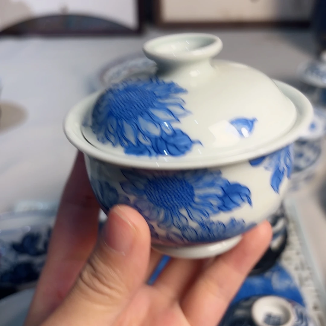青花盖碗 向日葵好看