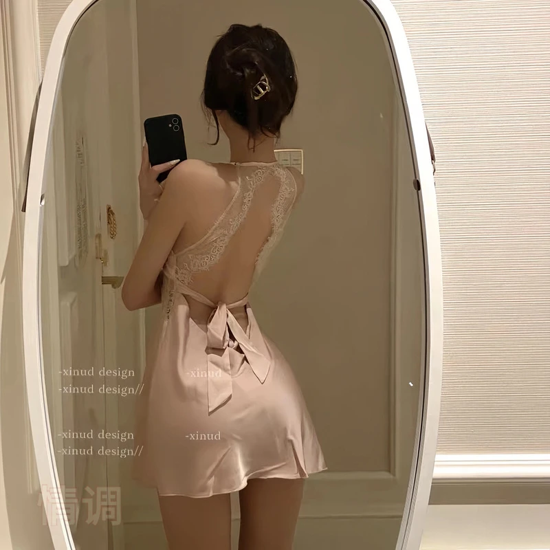 时尚吊带露背镂空法式高级家居优雅网红女爆款轻禁欲镂空连体睡衣