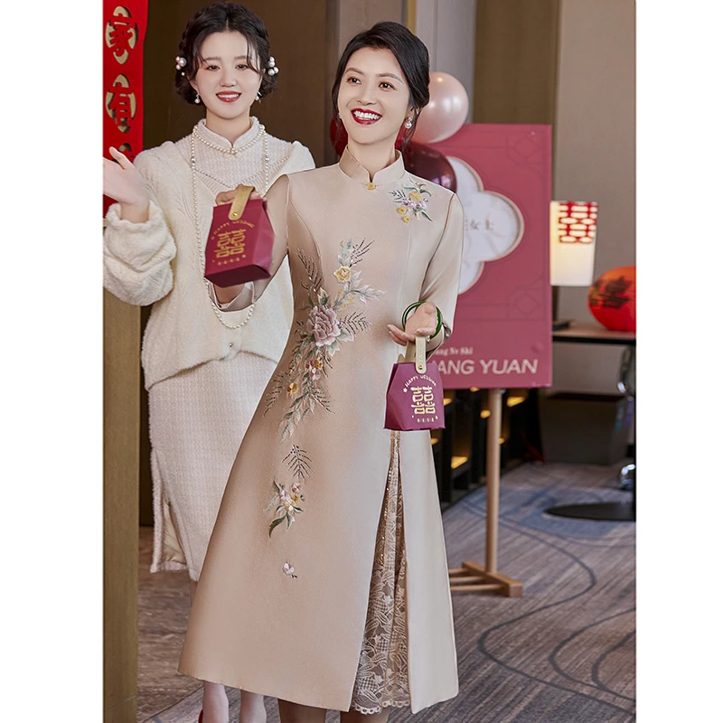 香槟色中式旗袍长袖喜妈妈婚宴结婚礼服喜婆婆五一2025新款