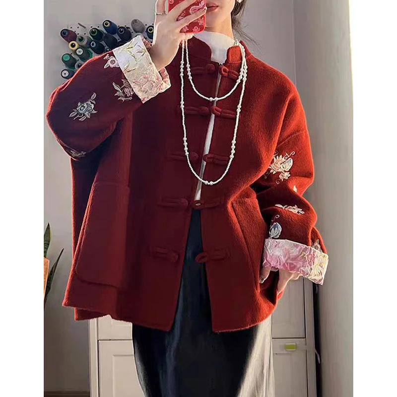 新中式复古国风盘扣双面呢外套女秋季新款高级感改良唐装刺绣上衣