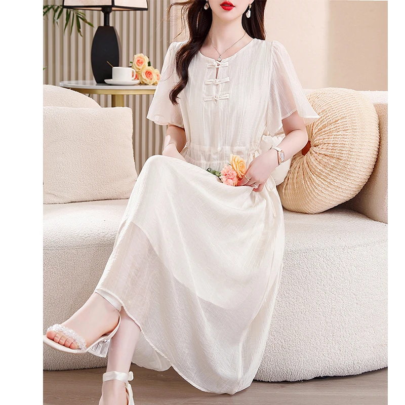 2025夏季新款时尚优雅中式盘口泡泡袖设计复古连衣裙9778