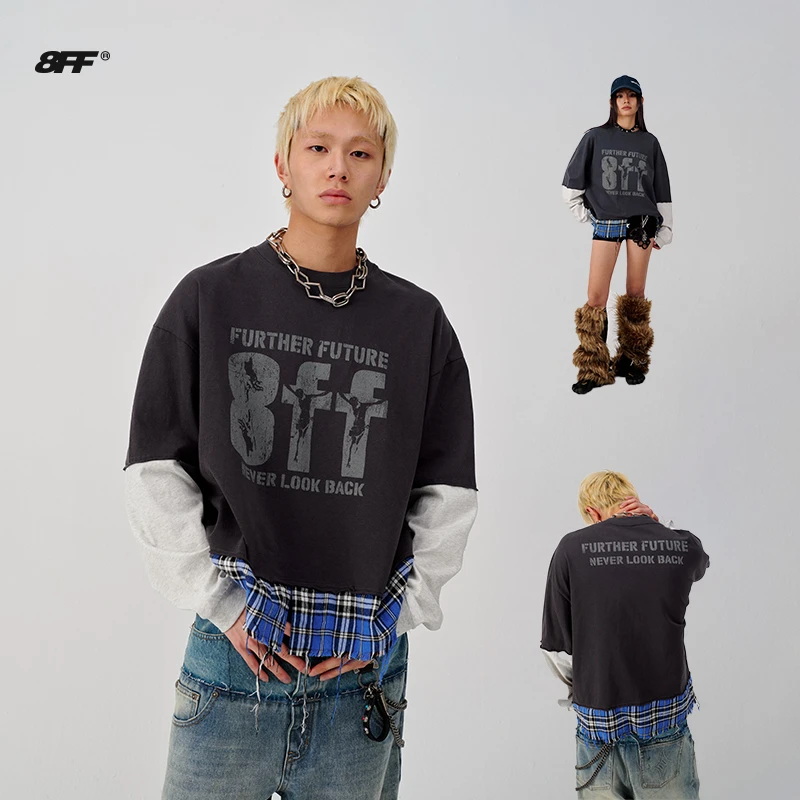 8FF大不相同/25SS 拼接做旧格纹毛边长袖T恤男女假两件小众设计