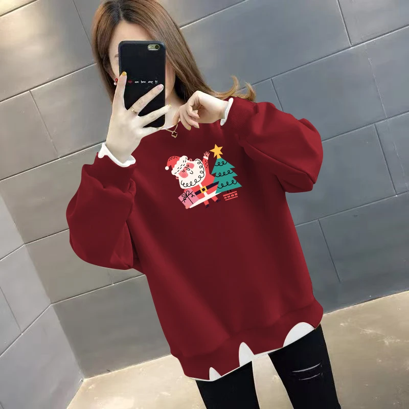 长袖假两件拼接卫衣秋冬印花加绒圆领圣诞节穿搭战袍圣诞女装冬季