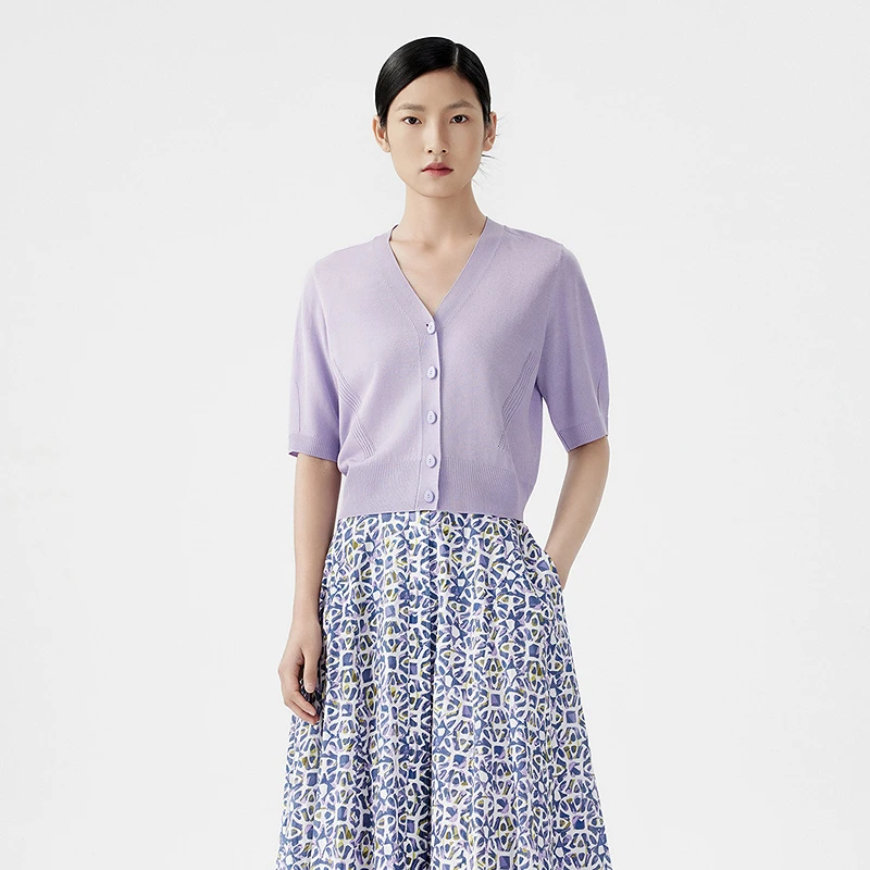 【商场同款】朗姿夏季新款亲肤针织开衫女短款气质修身薄上衣