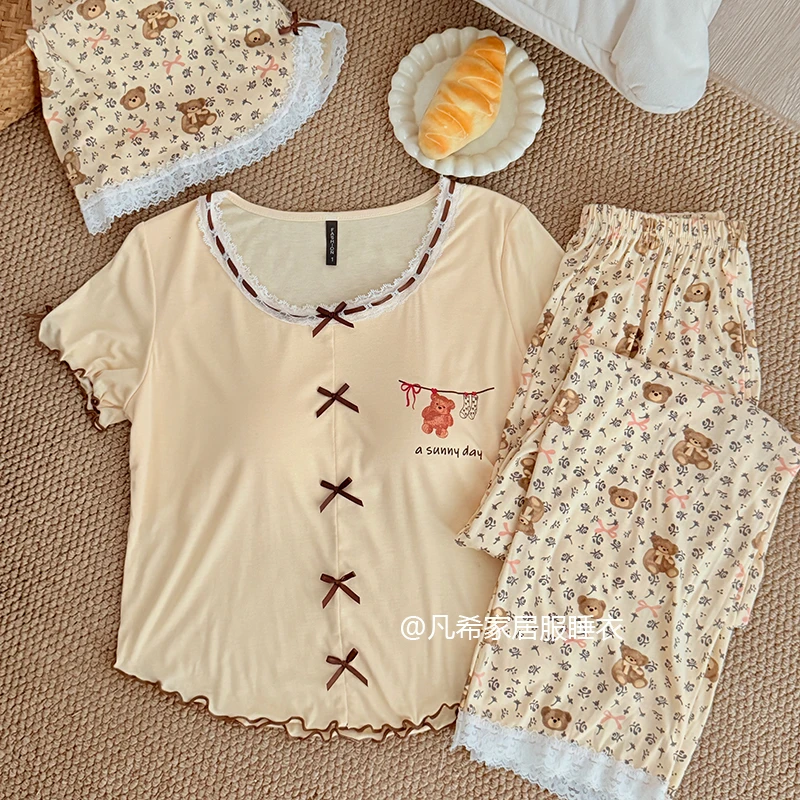 【加胸垫】凉感莫代尔黄油小熊女夏季三件套可外穿家居服套装