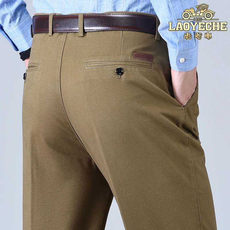 老爷车秋冬厚款双褶纯棉休闲裤男中年直筒宽松高腰深档大码长裤子