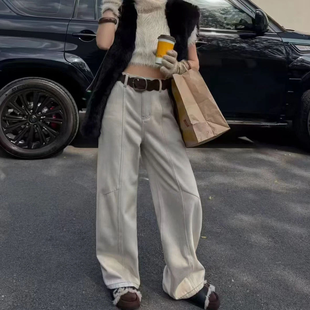 （裤长102）2766冬款加绒弯刀牛仔裤女宽松阔腿显瘦百搭长裤