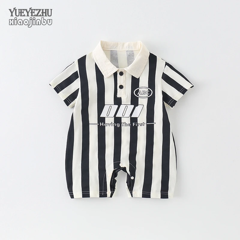 韩版宝宝夏装短袖连体衣帅气婴儿衣服夏季薄款条纹时尚哈衣爬服潮