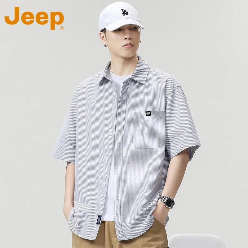 JEEP吉普纯棉条纹短袖衬衫男款男生新款夏季潮牌复古宽松休闲衬衣