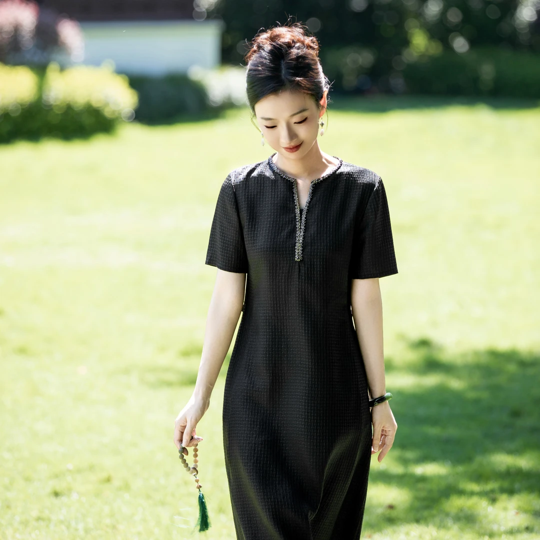 西子/【陈檀老料】冠乐绉非遗香云纱桑蚕丝织金边连衣裙/CQTJ268