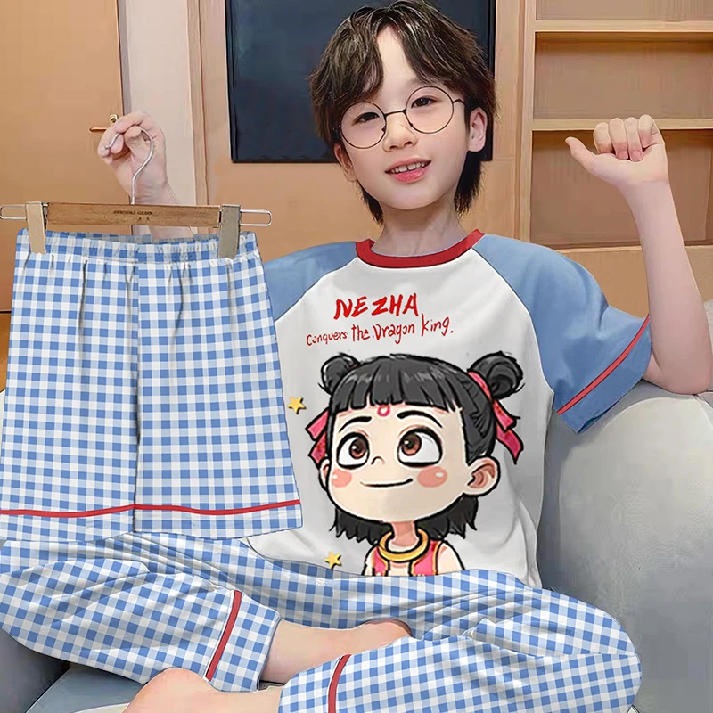 儿童睡衣小男孩纯棉薄款夏季男童中大童三件套家居服哪吒2025新款