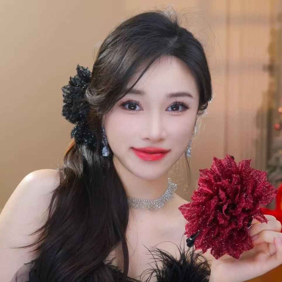 黑色网纱花朵发夹新款后脑勺鲨鱼马尾夹子头饰气质头花发卡子