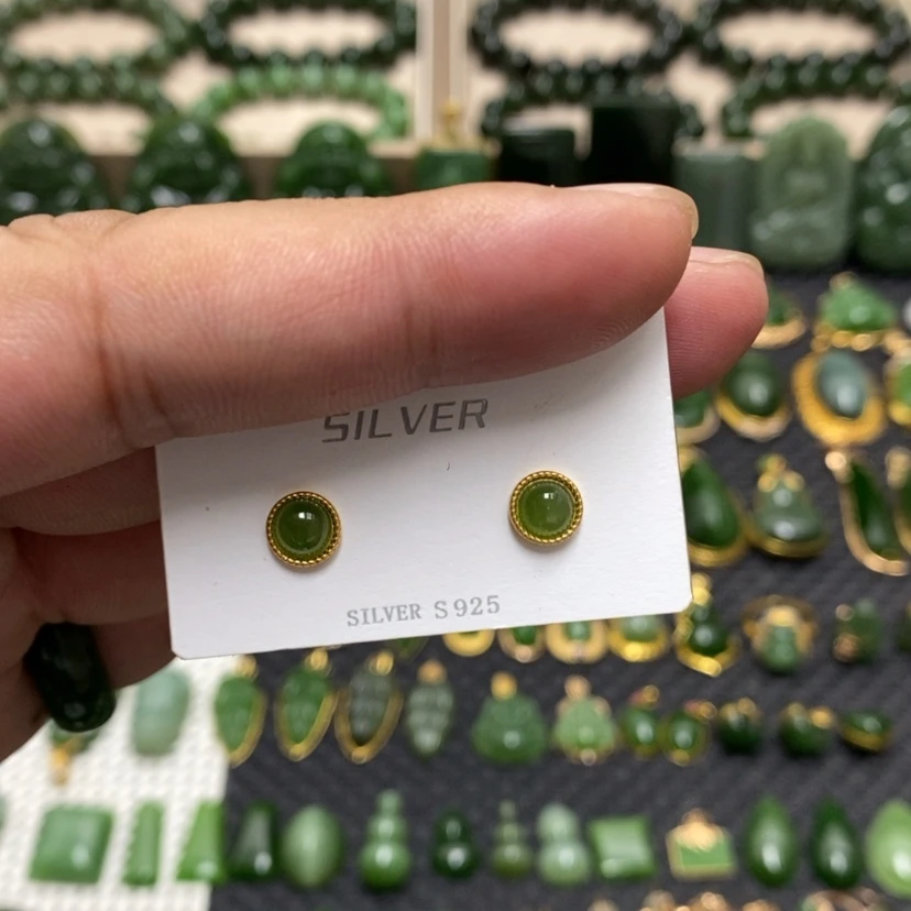 【闪购商品】和田玉（碧玉）银S925镶嵌耳饰