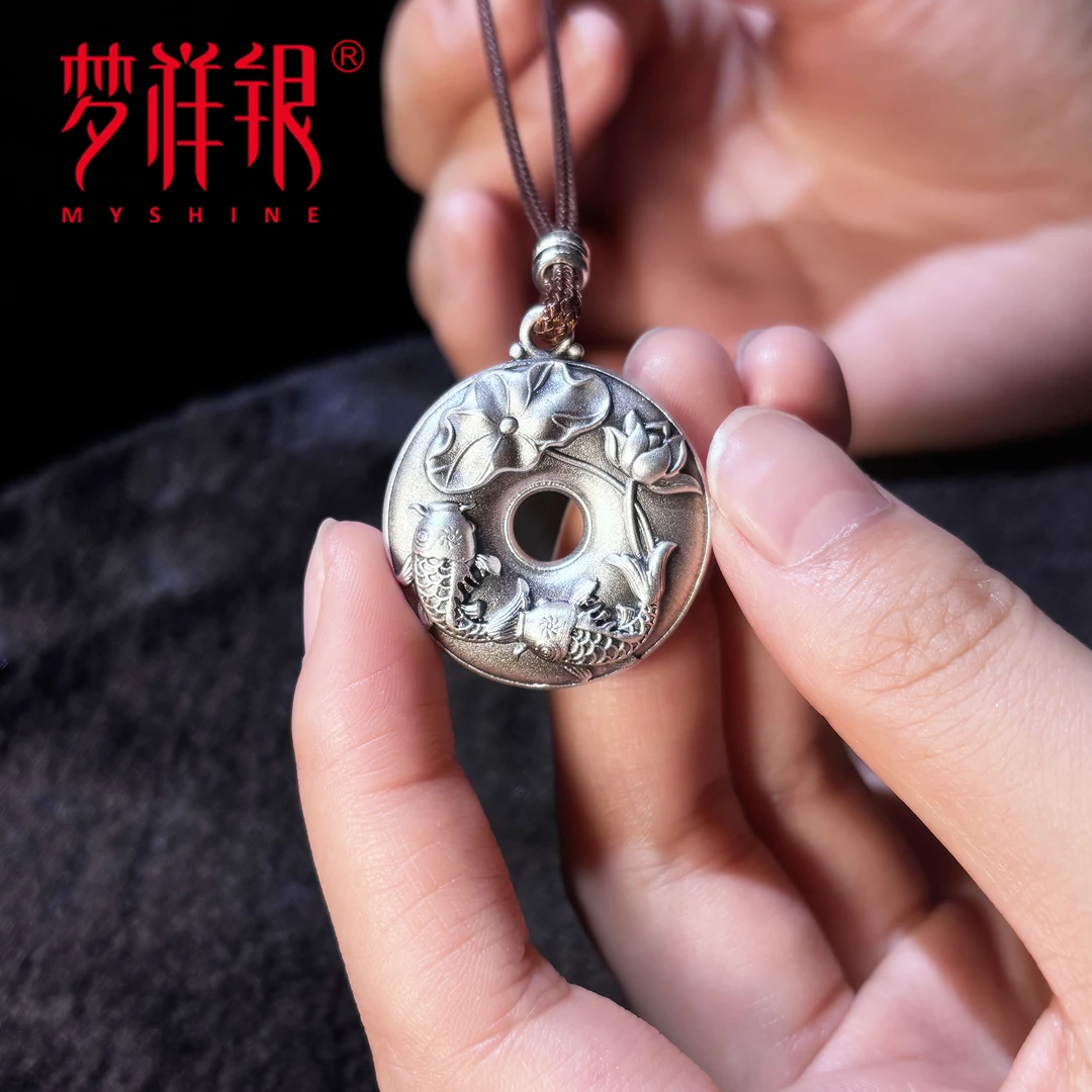 吊坠足银 双鱼荷花平安扣时尚复古纯手工民族风古法女款挂坠挂件