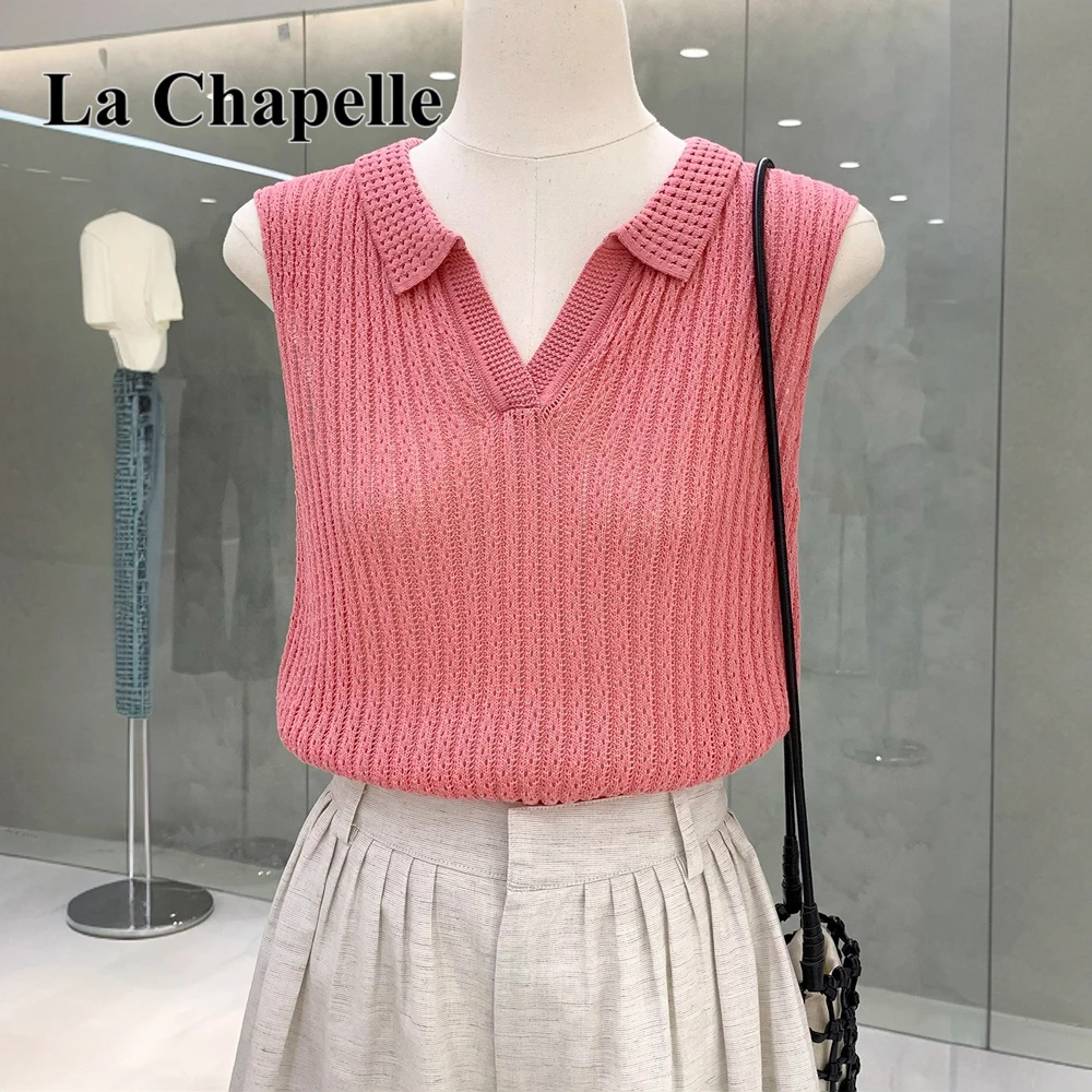 拉夏贝尔韩系气质小翻V领无袖针织背心2025夏季简约高级百搭上衣