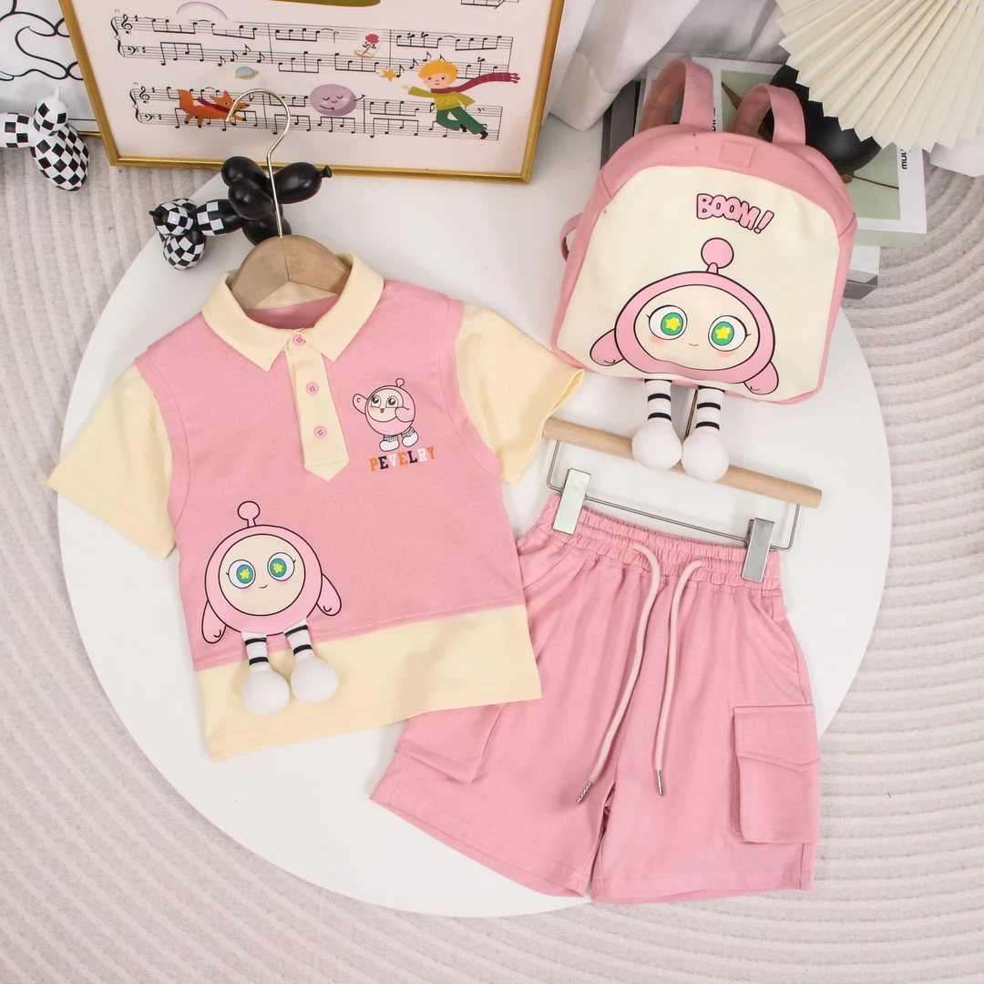夏日儿童卡通风套装2025男童女童韩版时尚翻领立体两件套D2S5-672