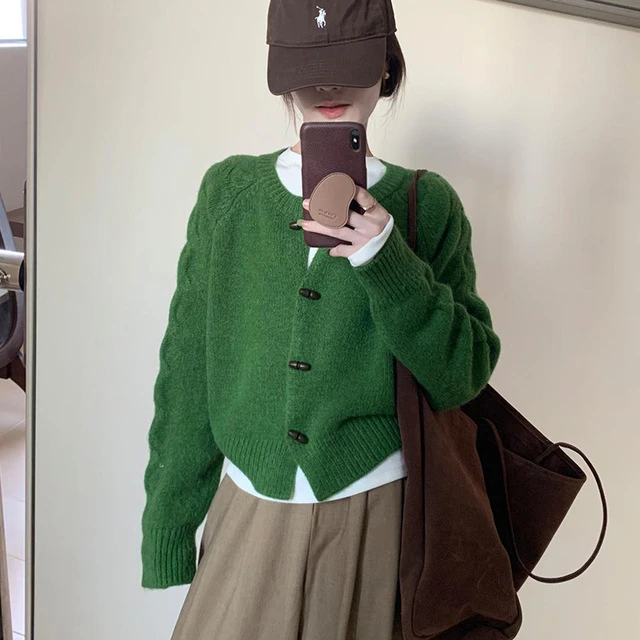 短款百搭牛角扣毛衣外套2025春季新款韩版休闲圆领气质针织衫上衣