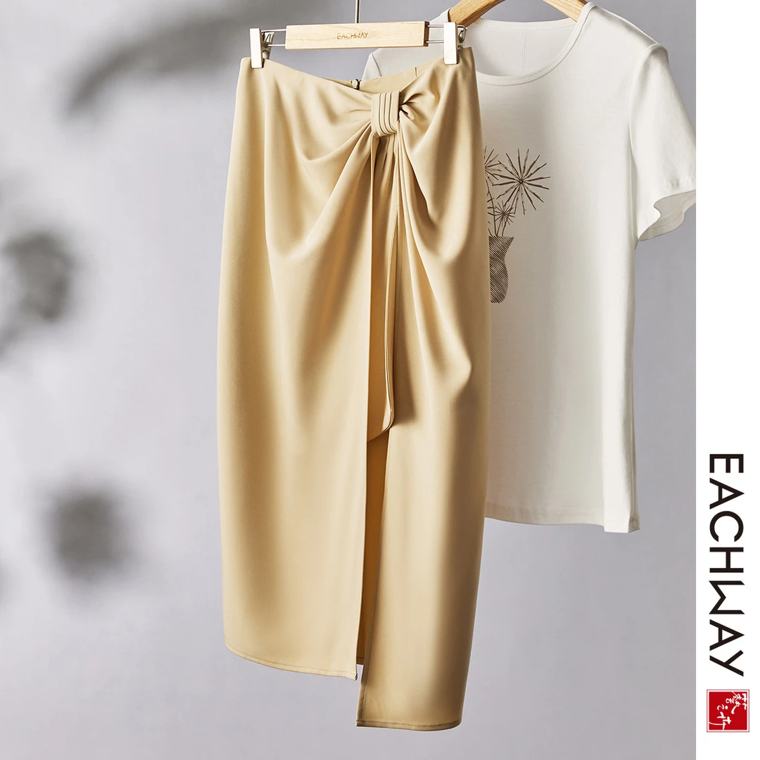 艺之卉时尚开叉不规则半身裙蝴蝶结设计知性优雅职业A字中长裙