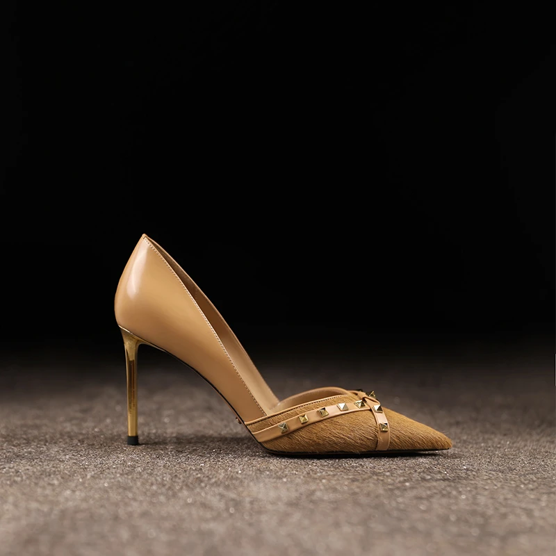 洋气细跟浅口单鞋尖头减龄马毛高档女鞋春季新款铆钉高跟鞋不累脚