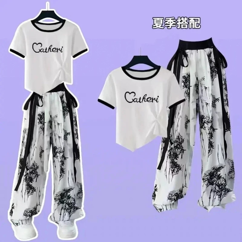 女童夏季套装短袖学生洋气中大童新款时尚国风休闲裤高腰阔腿裤