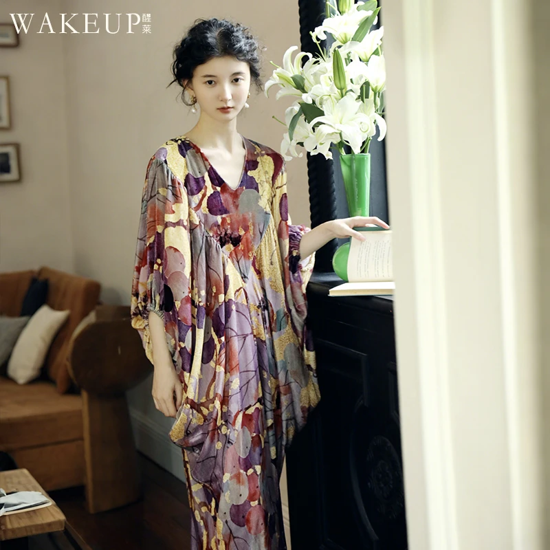 wakeup醒来原创新中式V领印花丝绒连衣裙家居服可外穿