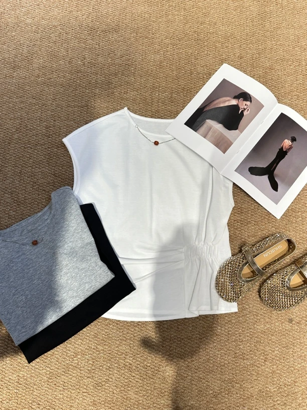 短袖连肩袖T恤百搭褶皱圆领套装纯色夏季白色收腰型时尚小众7915