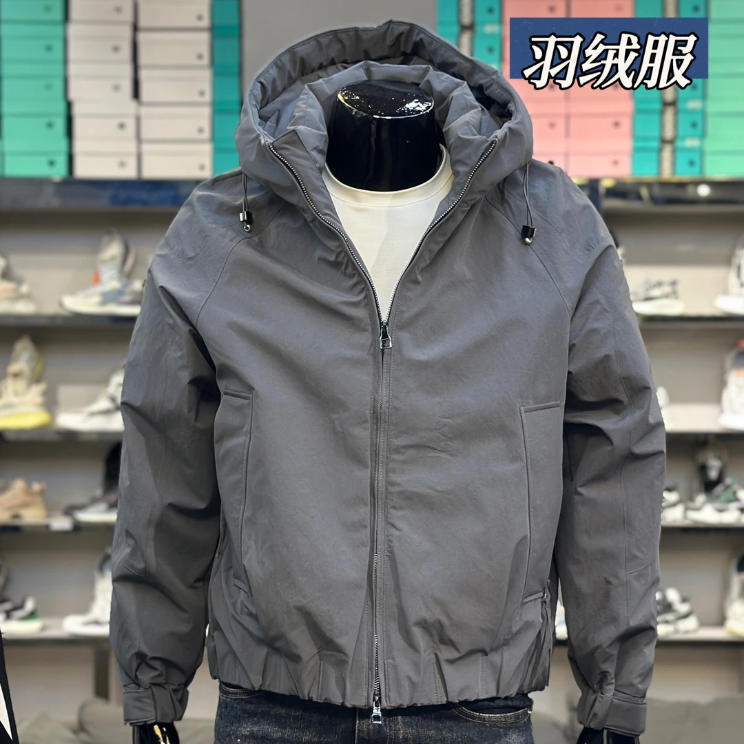 微落肩新款白鸭绒羽绒服男士修身外套连帽保暖潮牌短款纯灰色夹克