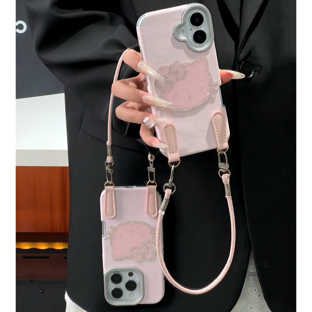 高级感奢华闪钻KT猫挂绳适用苹果17/16手机壳华为P70vivoppo小米