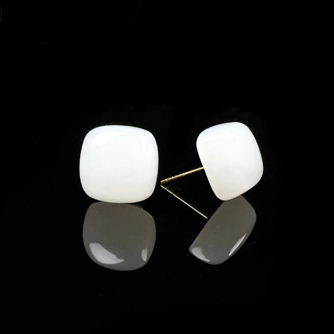 【风骨】严选精品 和田玉俄芭莎白玉18k一级白12mm耳饰