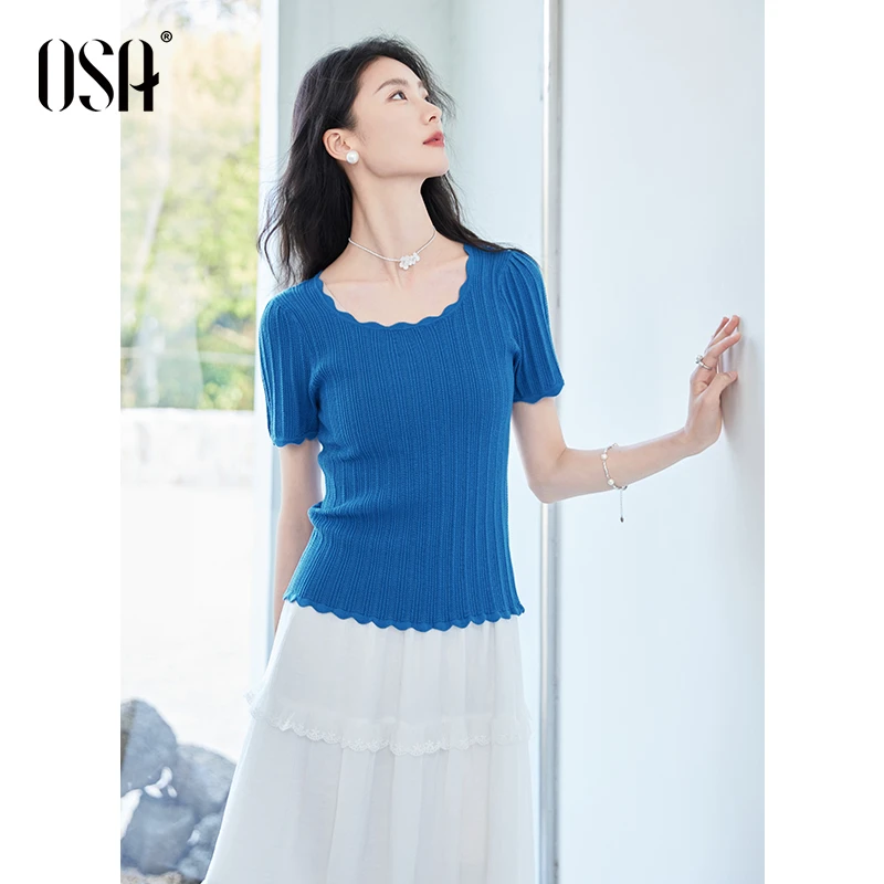 OSA/欧莎 蓝色复古方领短袖针织衫女薄款甜美修身显瘦S125B16026