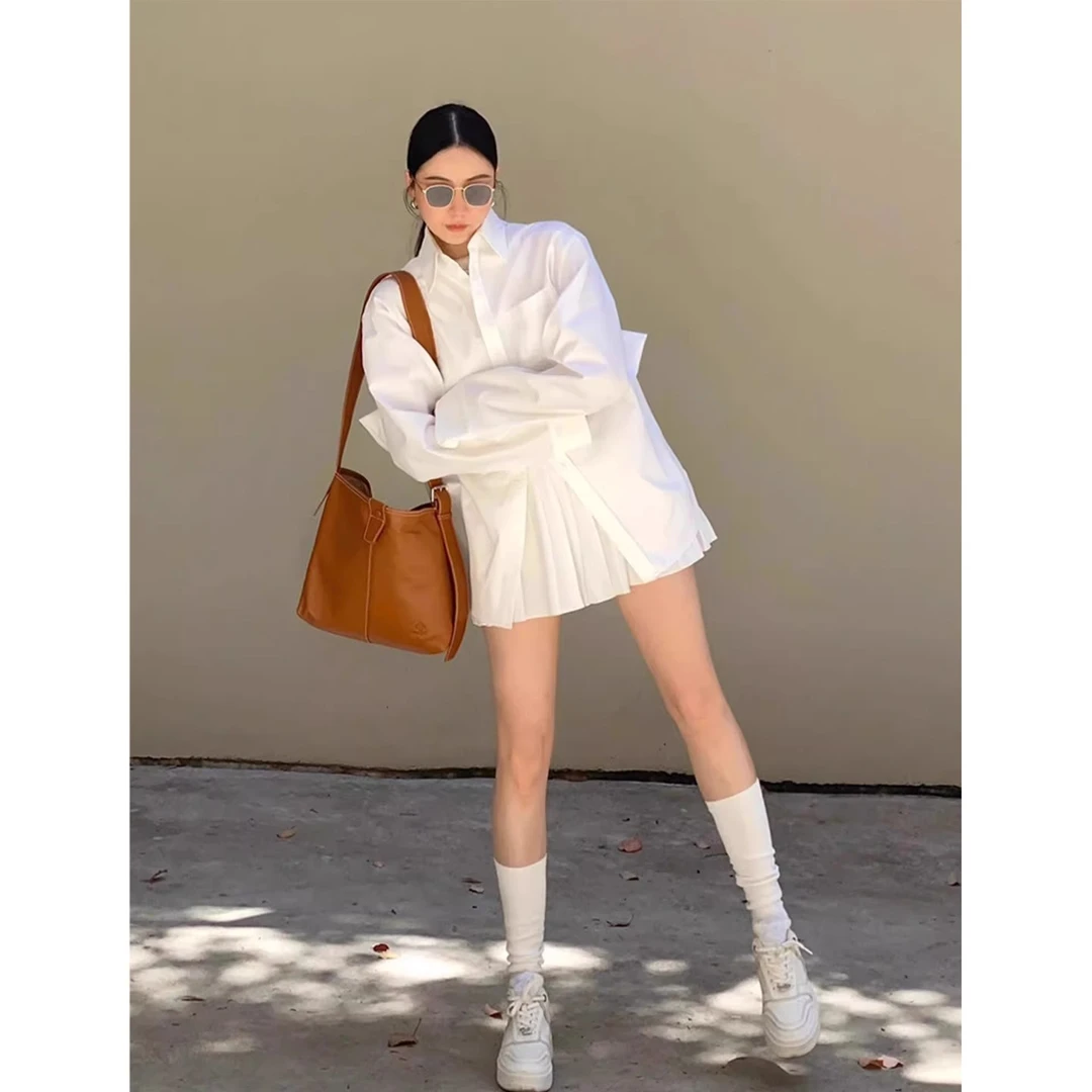 韩版休闲白色衬衫时尚套装女款2025夏季宽松防晒上衣百褶裙两件套