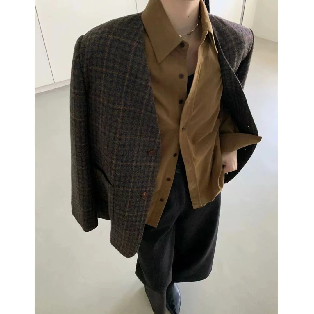 KIKI严选：25397-1+9家欧洲站南油秋季新款V领格子小香风外套