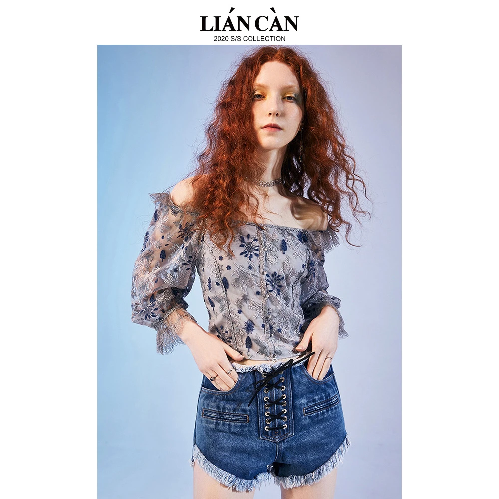 【莲灿】复古浪漫法式一字肩刺绣蕾丝木耳边中袖雪纺衫女7120219017