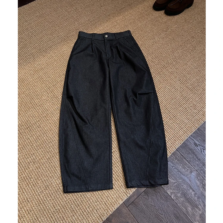 设计师风格立体裁剪宽松廓形显瘦百搭深蓝色棉布牛仔微弯刀休闲裤