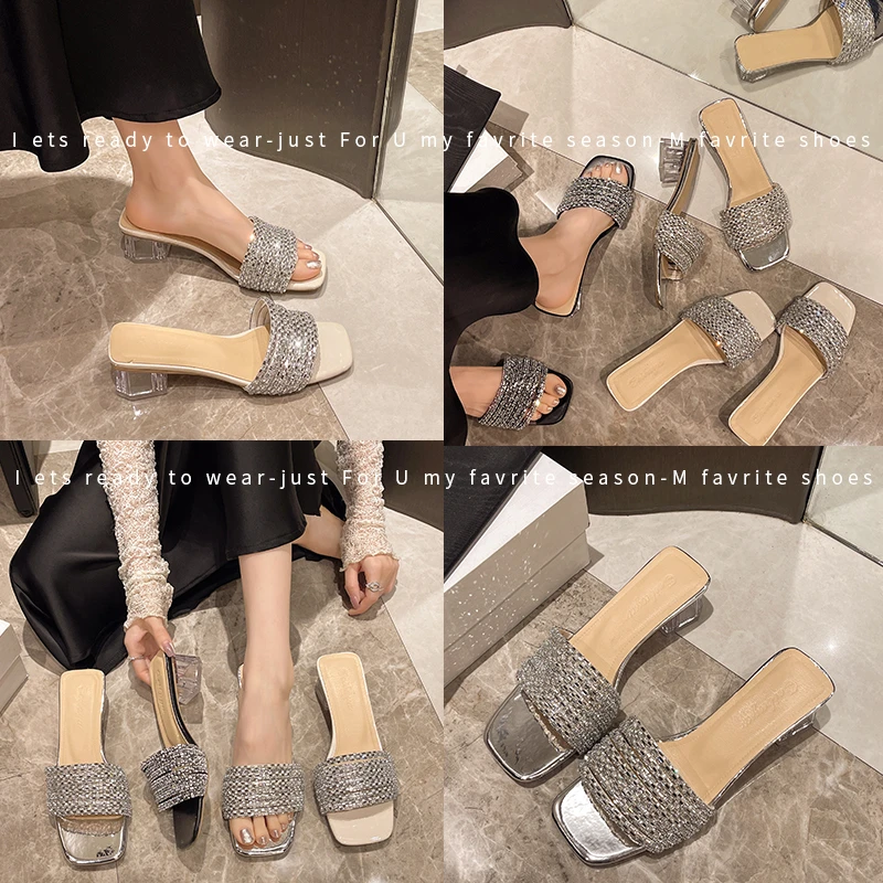 高跟仙女风一字拖网红凉鞋水钻夏季粗跟超迁皮中跟细跟法式时尚