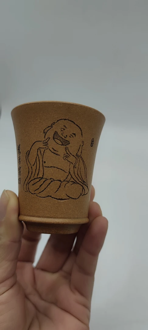 原矿老段闻香杯全手工刻绘笑口常开