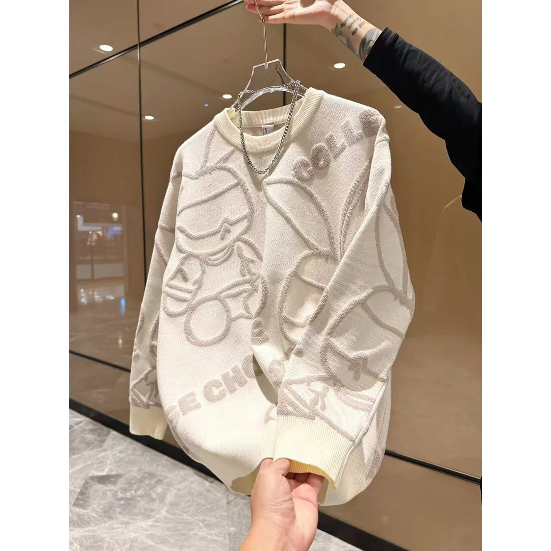 冬季新款百搭时尚休闲潮流卡通兔子字母圆领套头男款针织衫毛衣