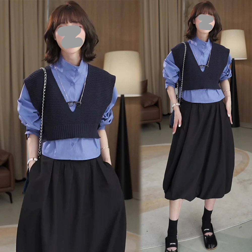 通勤风高级感时尚套装女2025秋新款马夹叠穿格子衬衫半身裙三件套