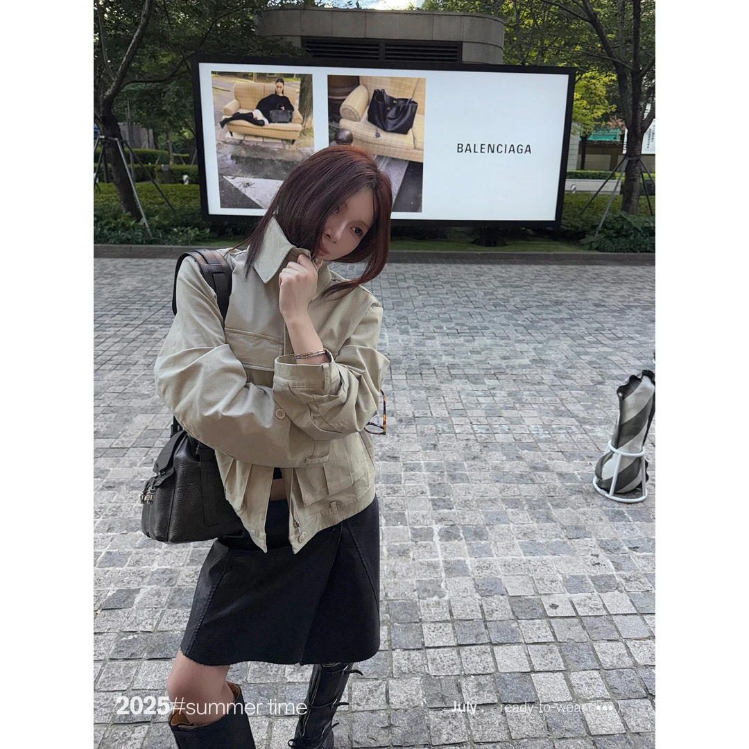 SUNONEONE 大口袋短款宽松工装外套女早秋韩系休闲夹克上衣H1267W