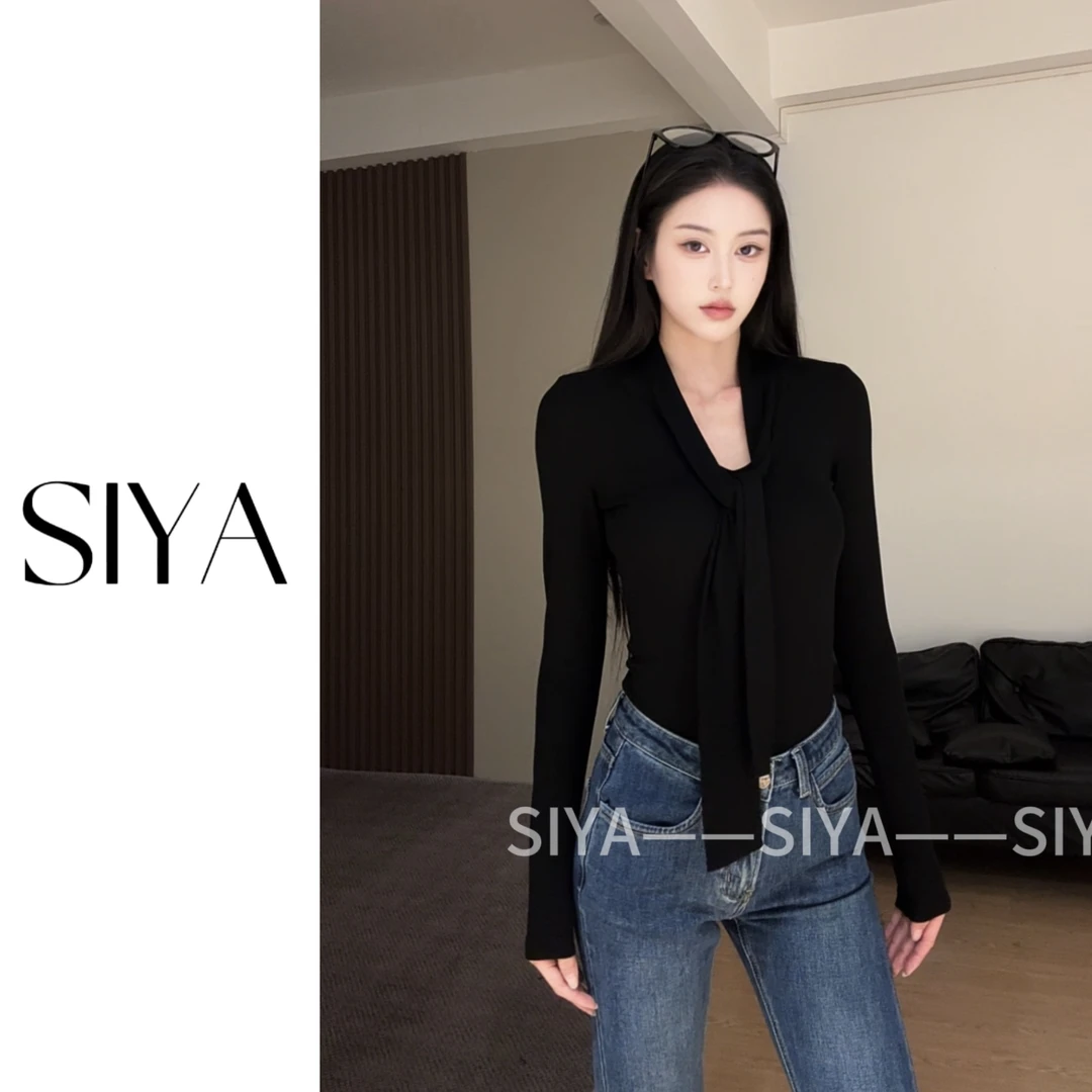 【SIYA】纯欲系带V领长袖t恤女秋冬新款内搭修身打底衫显瘦上衣