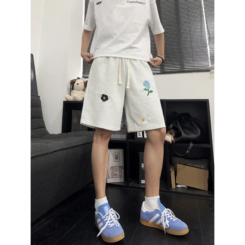 花朵刺绣短裤男款夏季美式休闲简约直筒裤运动宽松情侣百搭裤子