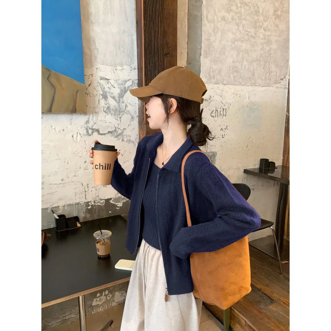 两件套女洋气时尚秋冬短款针织包芯纱百搭长袖开衫背心套装韩版