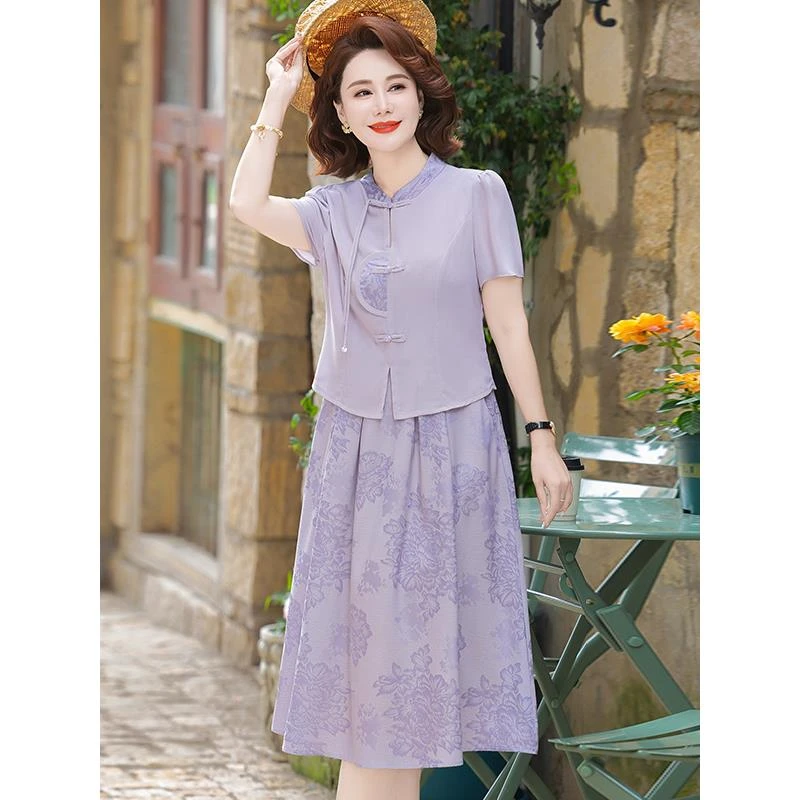 新中式妈妈夏装连衣裙洋气短袖国风雪纺裙中老年女装夏季减龄裙子