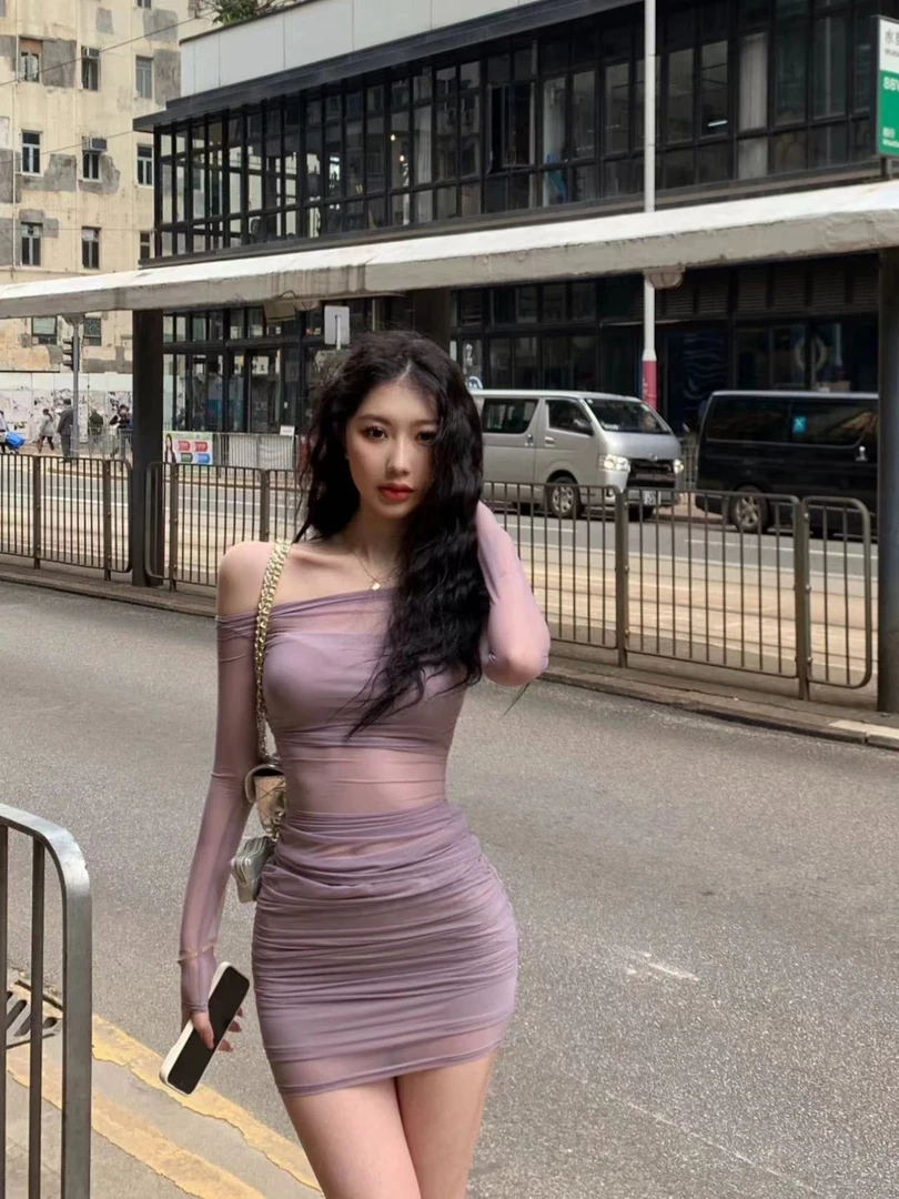 法式紫色纯欲辣妹风露肩长袖女装夏季修身显瘦包臀裙半身裙两件套