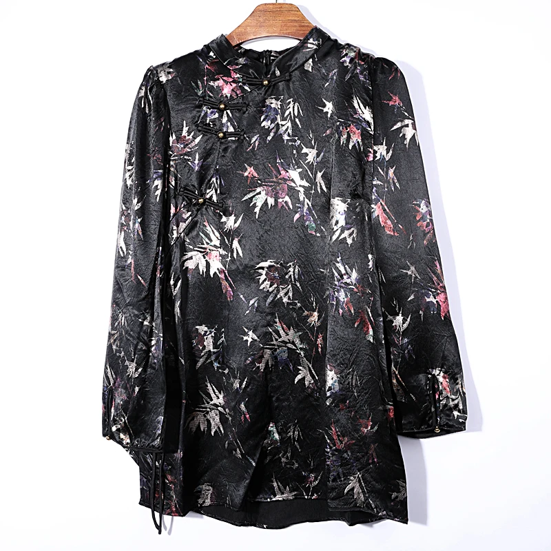 105#醋酸提花新中式衬衣女长袖百搭宽松立领春秋女士衬衫