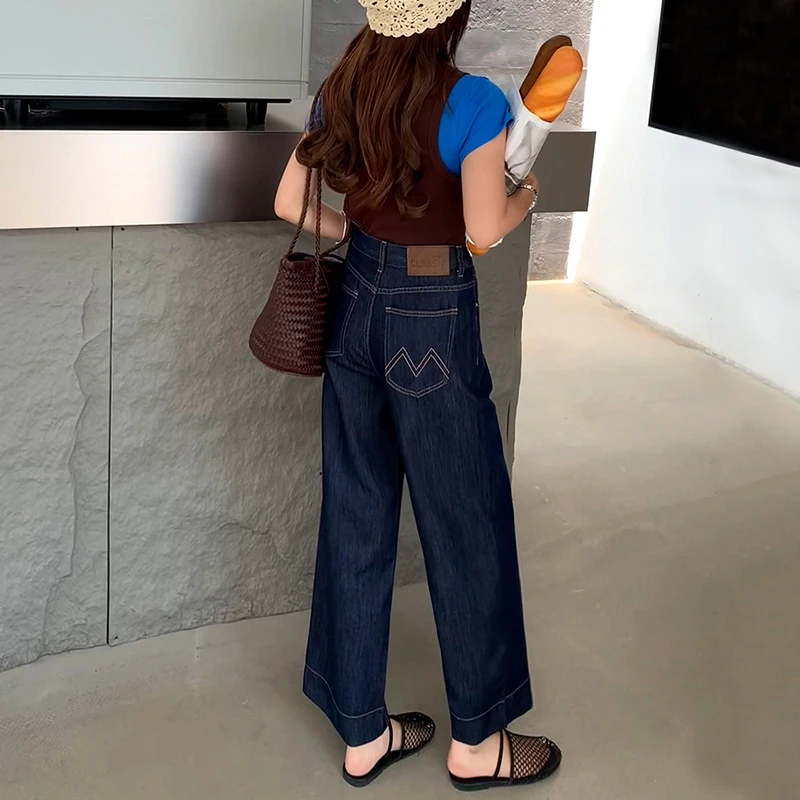 美思源丹宁蓝软牛仔裤九分阔腿裤女秋季2025新款高腰小个子直筒裤