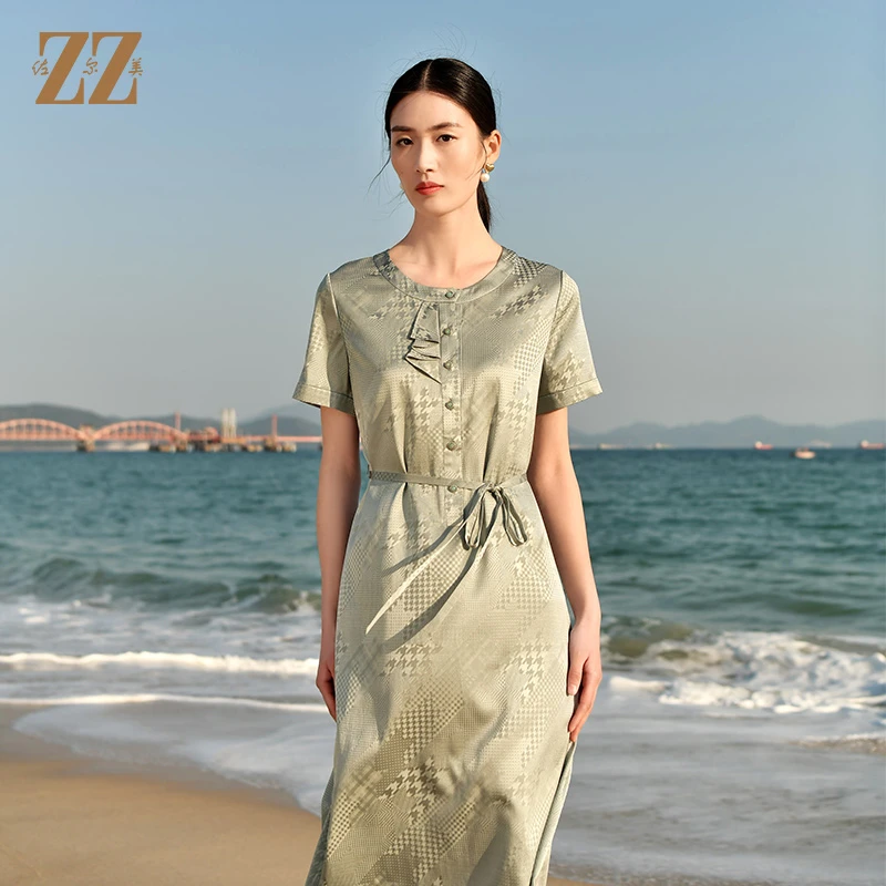 佐尔美夏季新款 休闲时尚桑蚕丝真丝短袖连衣裙女E32LS39