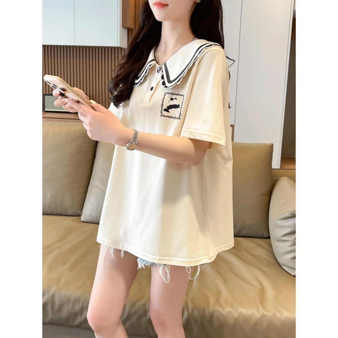 娃娃领恤女短袖夏装韩版宽松大码设计感小众小个子领上衣潮