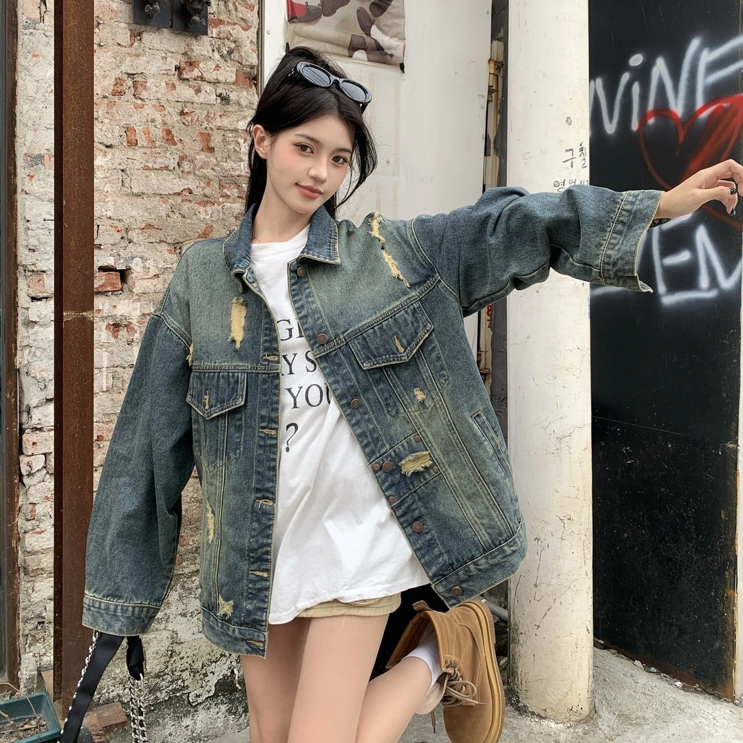 美式破洞牛仔外套女秋季新款宽松学院风痞帅情侣夹克